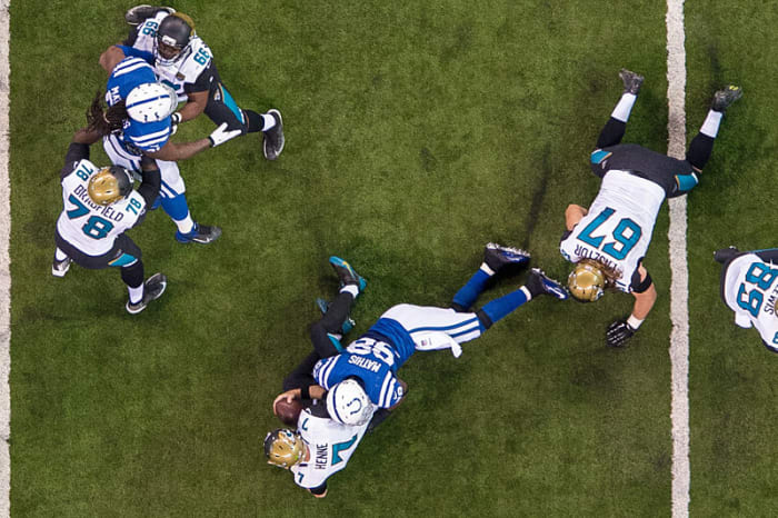 Mathis had two sacks of Chad Henne in the regular-season finale—warmup for the Chiefs’ visit? (Zach Bolinger/Icon SMI)